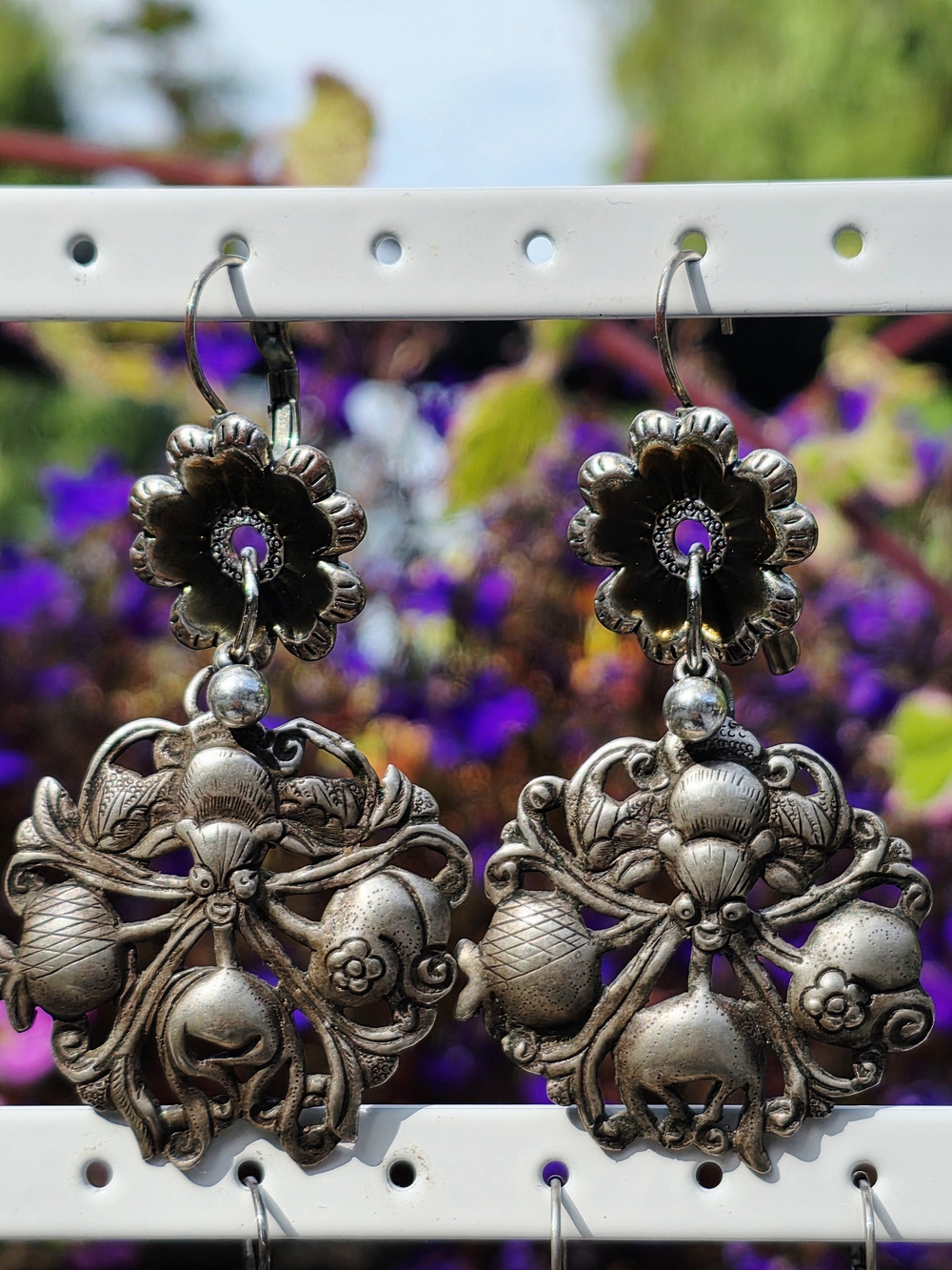 Tribal Silver Floral Filigree Drop Earrings - Silver
